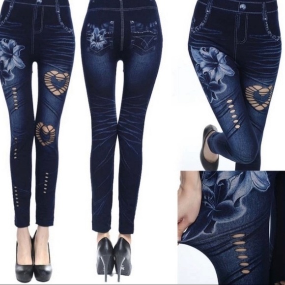 New Sick Fashion Heart Stretchy Jean Style Leggings Lily Hollow Seconds - Picture 6 of 9